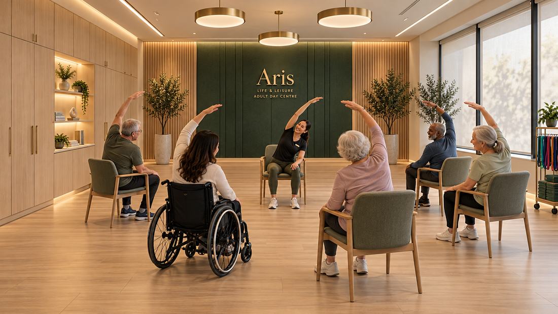 A chair-based stretching class in a circle, including a woman in a wheelchair, led by a smiling instructor.